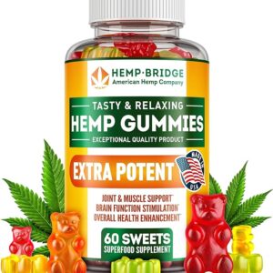 HEMPBRIDGE Hemp Gummies - Made in USA - Safe and Natural Omega 3 Supplement with Hemp Oil for Pain and Inflammation Relief - Max Value in Each Gummy - Vitamins B & E and Omega 3, 6, 9-60 Pcs