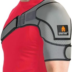 Sparthos Shoulder Brace - Support and Compression Sleeve for Torn Rotator Cuff, AC Joint Pain Relief - Arm Immobilizer Wrap with Ice Pack Pocket and Stability Strap - Men and Women