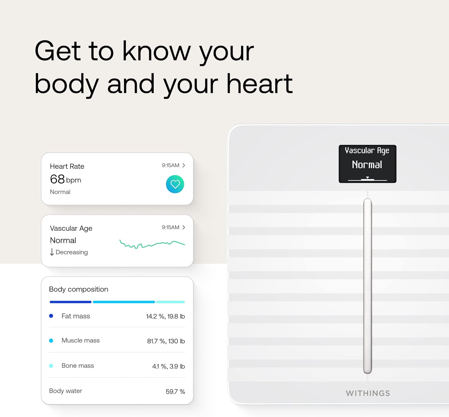 Withings Body Cardio – Premium Wi-Fi Body Composition Smart Scale, Tracks Heart Health, Vascular Age, BMI, Fat, Muscle & Bone Mass, Water %, Digital Bathroom Scale with App Sync via Bluetooth or Wi-Fi - Image 4