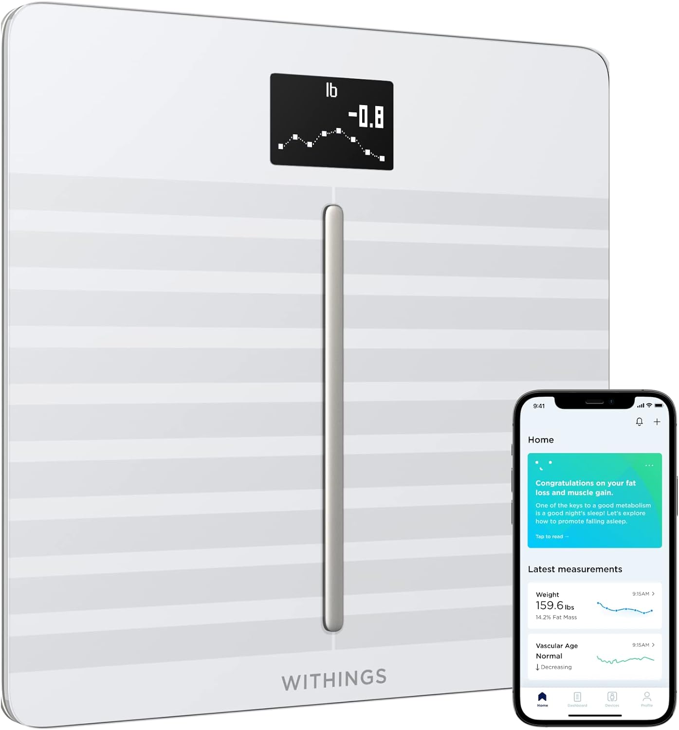 Withings Body Cardio – Premium Wi-Fi Body Composition Smart Scale, Tracks Heart Health, Vascular Age, BMI, Fat, Muscle & Bone Mass, Water %, Digital Bathroom Scale with App Sync via Bluetooth or Wi-Fi