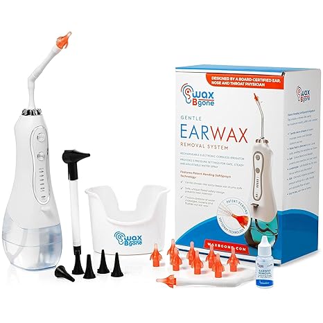 WaxBgone Ear Wax Removal Kit - Safe Electronic Ear Cleaner with Otoscope, 5 Water Pressure Settings, 10 Disposable SoftSpray Tips, 2 Wands, Ear Basin, and Earwax Drops - Waterproof and Rechargeable