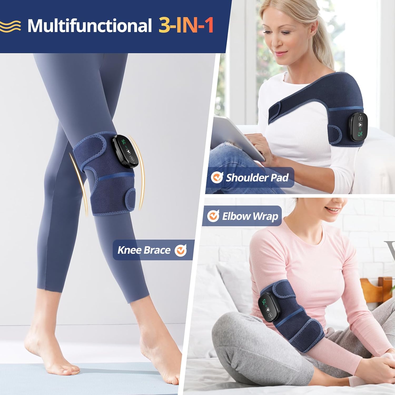MOAJAZA Cordless Knee Massager with Heat and Vibration, Heating Pad for Knee Shoulder Elbow, Heated Knee Brace for Arthritis (Pack of 1 Blue) - Image 3