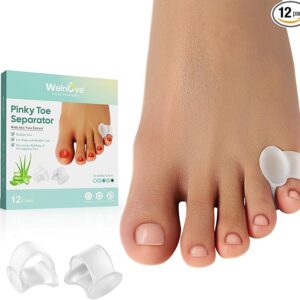 Welnove Gel Toe Separator, 12 Pack Pinky Toe Spacers, Aloe Vera Extract Infused Silicone Little Toe Spacers, Bunion Corrector, Bunion Cushions Pads for Preventing Rubbing & Relieve Pressure
