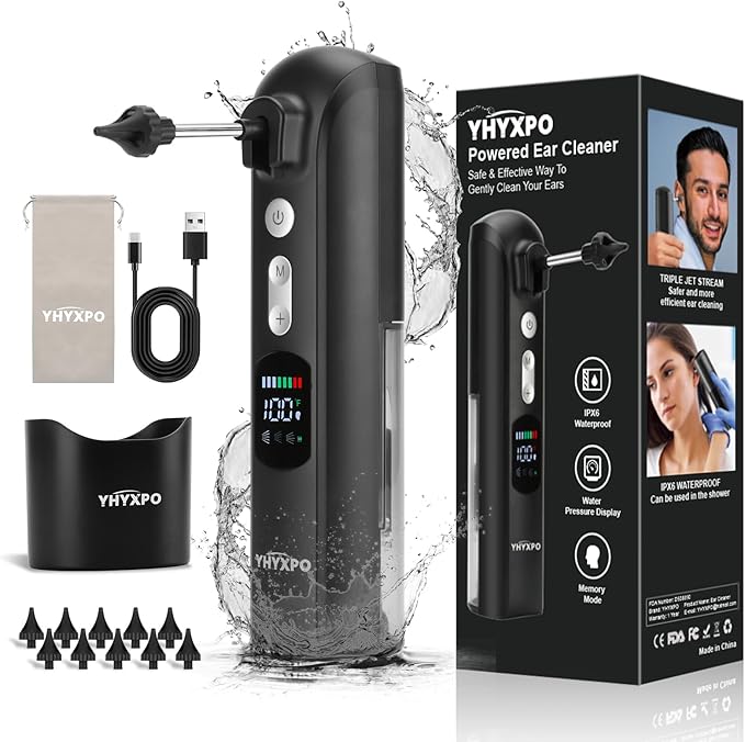 Electric Ear Wax Removal Kit - Water Powered Ear Cleaner with Smart Display and IPX6 Waterproof - Safe and Effective Ear Irrigation Flushing System with 8 Pressure Modes for Adults and Kids