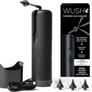 Wush Pro by Black Wolf - The Original Deluxe Water Powered Ear Cleaner with 6 Reusable Replacement Tips by Black Wolf - Safe & Effective for Ear Wax Buildup - Electric Ear Wax Removal Kit (Black)