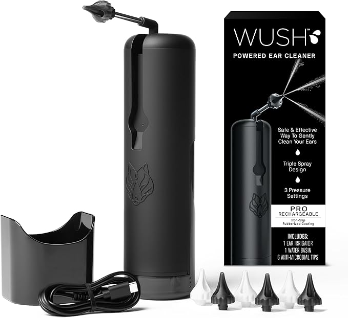 Wush Pro by Black Wolf - The Original Deluxe Water Powered Ear Cleaner with 6 Reusable Replacement Tips by Black Wolf - Safe & Effective for Ear Wax Buildup - Electric Ear Wax Removal Kit (Black)