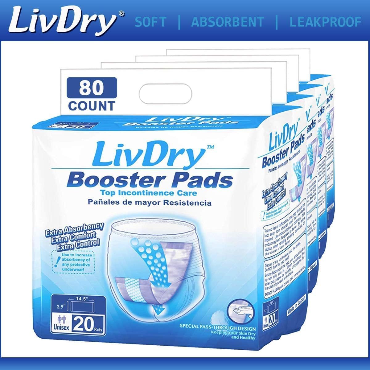 LivDry Incontinence Booster Pads, Use with Adult Diapers for Women and Men, Extra Comfort Softness, Disposable Pad (80 Count, Regular Length)