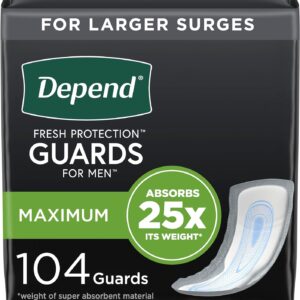 Depend Incontinence Guards/Incontinence Pads for Men/Bladder Control Pads, Maximum Absorbency, 104 Count (2 Packs of 52), Packaging May Vary
