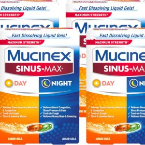 Mucinex Sinus-Max Max Strength Day & Night Liquid Gels (24ct) Relieves Sinus Pressure and Congestion, Headaches, Pain, Runny Nose, Sneezing, Thins and Loosens Mucus, Controls Cough (Pack of 4)