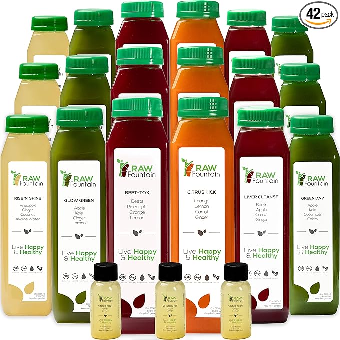 7 Day Juice Cleanse by Raw Fountain, All Natural Raw Detox Cleanse, Weight Management Program, Cold Pressed Fruit and Vegetable Juice, Tasty and Energizing, 42 Bottle 12oz, 7 Ginger Shots