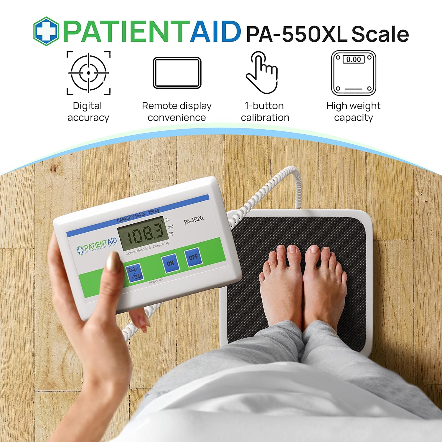 Medical Grade Floor Scale - Portable - Easy to Read Digital Display - Heavy Duty - Home, Hospital & Physician Use - Pound & Kilogram Settings - 12" x 12.5" Platform - 550 lb Limit by Patient Aid - Image 3