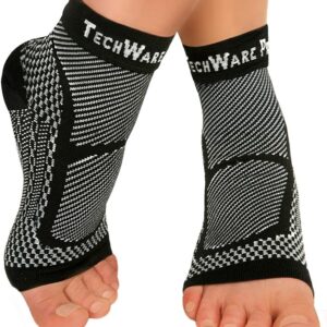 TechWare Pro Ankle Brace Compression Sleeve - Relieves Achilles Tendonitis, Joint Pain. Plantar Fasciitis Sock with Foot Arch Support Reduces Swelling & Heel Spur Pain. Injury Recovery for Sports
