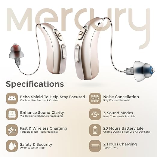 LINNER Mercury OTC Hearing Aids Rechargeable - Noise Cancellation, 3 Modes, 8 Volume, Easy Use & Charge Indicator/Case. Ideal Amplifier for Seniors with Moderate to Severe Hearing Loss - Image 3
