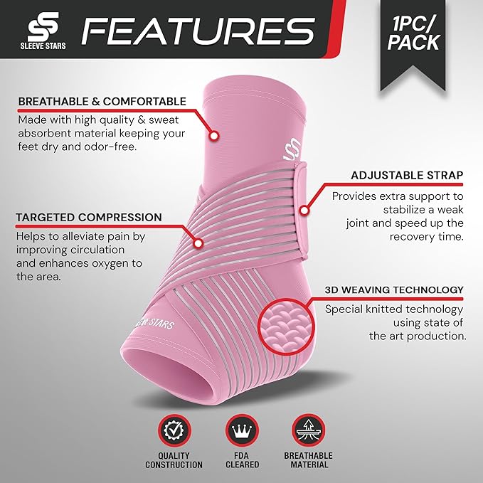 Sleeve Stars Ankle Support for Ligament Damage & Sprained Ankle, Plantar Fasciitis Support & Achilles Tendonitis Pain Relief, Ankle Brace for Women & Men w/Compression Ankle Strap (Single/Baby Pink) - Image 2