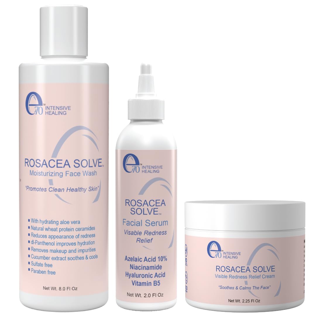 Rosacea Solve Set - Includes Rosacea Cream, Serum and Moisturizing Face Wash - Combined Beneficial Ingredients such as Aloe Vera, Hyaluronic Acid, Niacinamide Coconut Oil, Cucumber, Wheat, Fruit Extracts, Licorice, Azelaic Acid 10% Chamomile Extracts and Vitamin B5