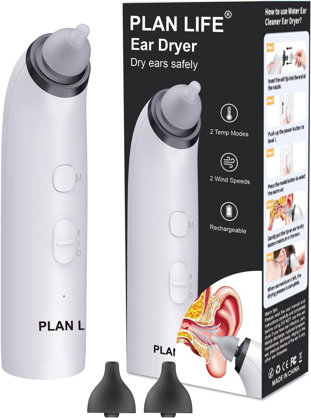 Ear Dryer, PLAN LIFE Rechargeable Ear Drying Device, Quick Drying Ears with Gentle Warm Air for Swimmers Ear, Ear Water Remover for Showering, Swimming and Other Water Sports