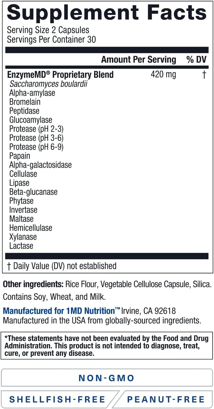 1MD Nutrition EnzymeMD - Digestive Enzymes Supplement - Doctor Formulated | 18 Plant-Based Enzymes - Gas & Bloating Support | 60 Capsules - Image 4