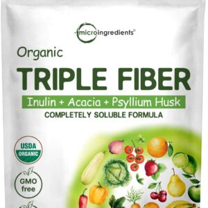 Organic Soluble Prebiotics Fiber Supplement (Inulin, Acacia, Psyllium Husk), 2 Pounds, 3 in 1 Fiber Formula, Daily Fiber, Unflavored, for Digestive Health, Hunger Control, Vegan