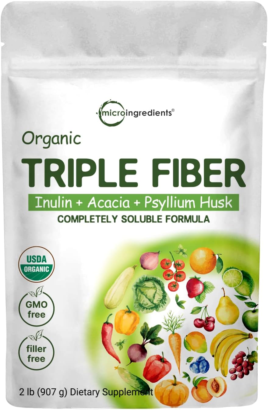 Organic Soluble Prebiotics Fiber Supplement (Inulin, Acacia, Psyllium Husk), 2 Pounds, 3 in 1 Fiber Formula, Daily Fiber, Unflavored, for Digestive Health, Hunger Control, Vegan