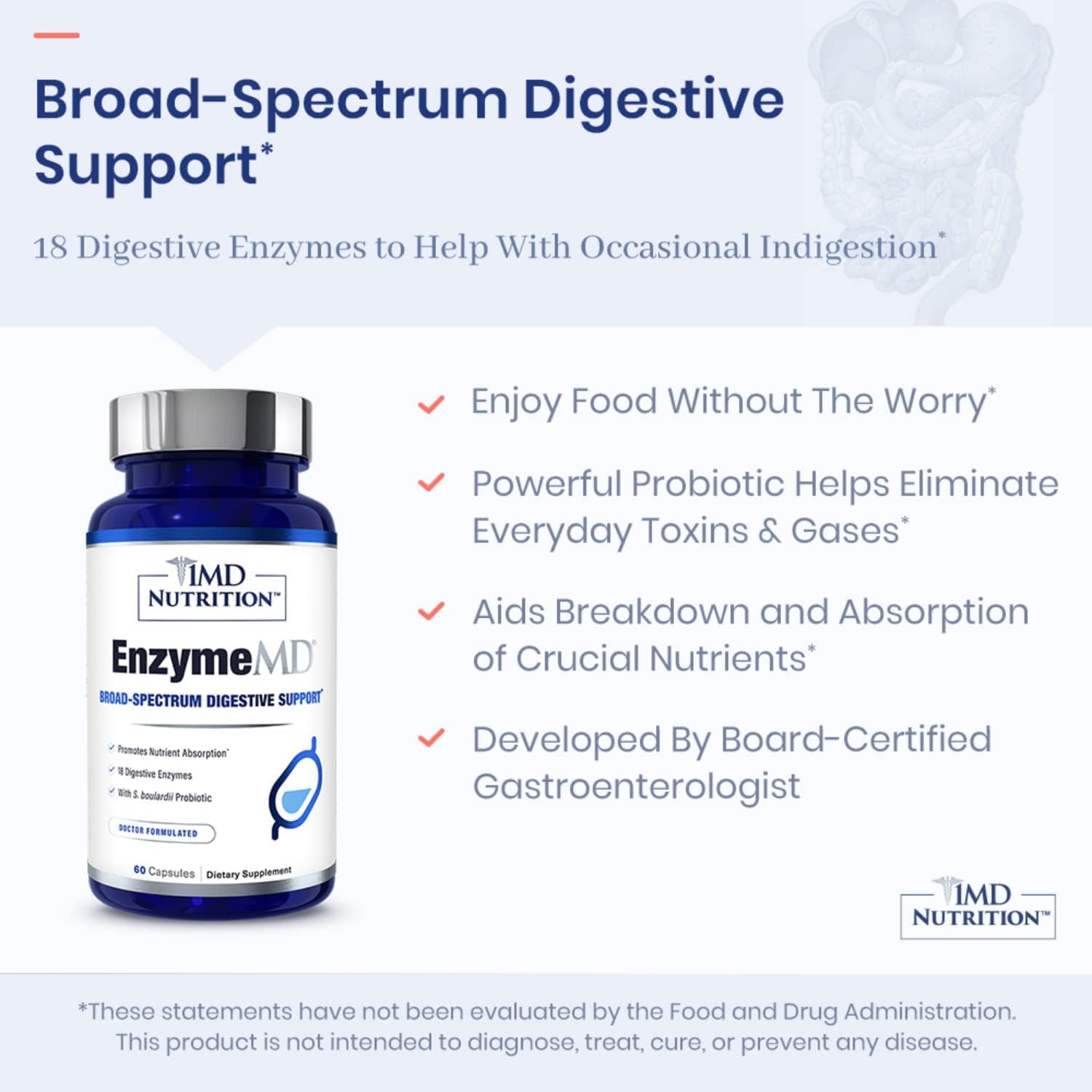 1MD Nutrition EnzymeMD - Digestive Enzymes Supplement - Doctor Formulated | 18 Plant-Based Enzymes - Gas & Bloating Support | 60 Capsules - Image 2