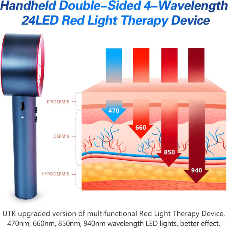 UTK High Power 24 LED Red Light Therapy Device with 470/660/850/940nm Wavelength, Blue Red＆Near-Infrared Handheld Light Therapy for Face, Relieve Body Pain Deeply, Facial Skin Care - Image 5
