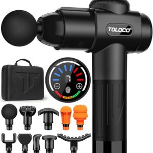 TOLOCO Massage Gun Deep Tissue, Back Massage Gun for Athletes for Pain Relief, Percussion Massager with 10 Massages Heads & Silent Brushless Motor
