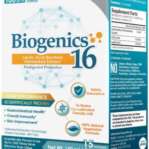 LABO Nutrition Biogenics 16–Lactic Acid Bacteria Fermented Extract, 1000x More Effective, Gut Health Support Beyond Probiotics & Prebiotics, Improve Intestinal Skin and Immune Health, 10mlx15 sachets
