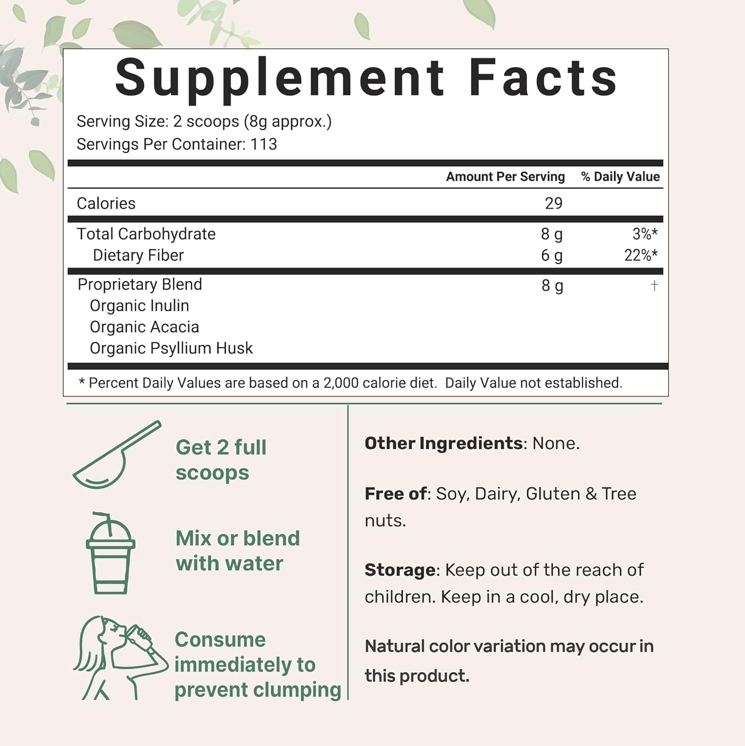 Organic Soluble Prebiotics Fiber Supplement (Inulin, Acacia, Psyllium Husk), 2 Pounds, 3 in 1 Fiber Formula, Daily Fiber, Unflavored, for Digestive Health, Hunger Control, Vegan - Image 4