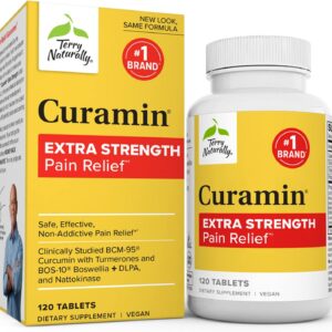 Terry Naturally Curamin Extra Strength - 120 Tablets - Non-Addictive Pain Relief Supplement with Curcumin, Boswellia, DLPA & Nattokinase - Non-GMO, Vegan - 40 Servings