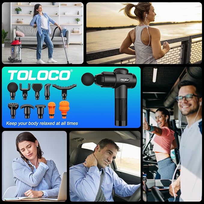 TOLOCO Massage Gun Deep Tissue, Back Massage Gun for Athletes for Pain Relief, Percussion Massager with 10 Massages Heads & Silent Brushless Motor - Image 4