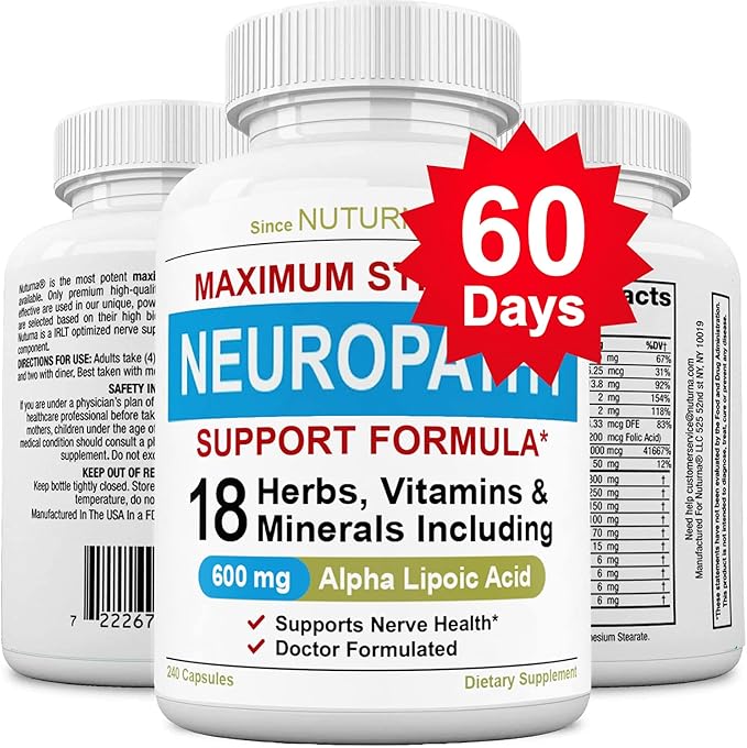 Neuropathy Support Supplement with 600 mg Alpha Lipoic Acid - Nerve Support Formula for Feet, Hands, Fingers, Legs Toe - Maximum Strength Natural Nerve Supplement Vitamins - 240 Pills
