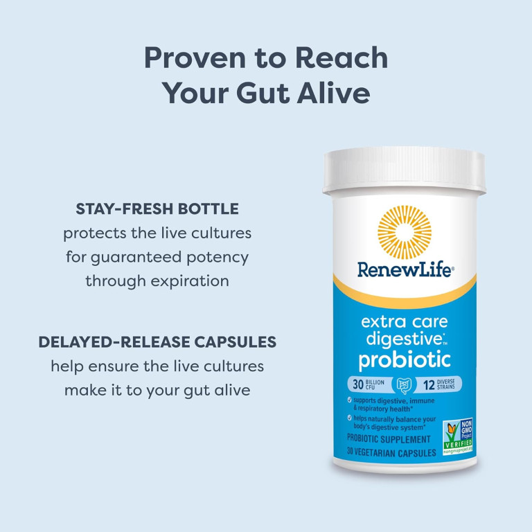 Renew Life Extra Care Probiotic Capsules, Daily Supplement Supports Immune, Digestive and Respiratory Health, L. Rhamnosus GG, Dairy, Soy and gluten-free, 30 Billion CFU, 60 Count - Image 3