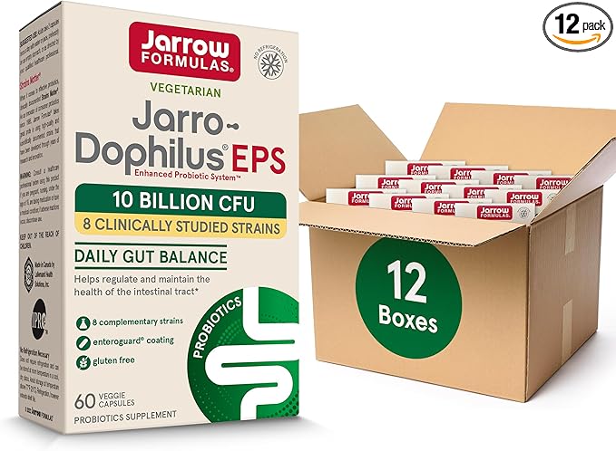 Jarrow Formulas Jarro-Dophilus EPS Probiotics 10 Billion CFU, Dietary Supplement for Intestinal Tract Support, Gut Health Supplements for Women and Men, 60 Veggie Capsules, 30 Day Supply (Pack of 12)