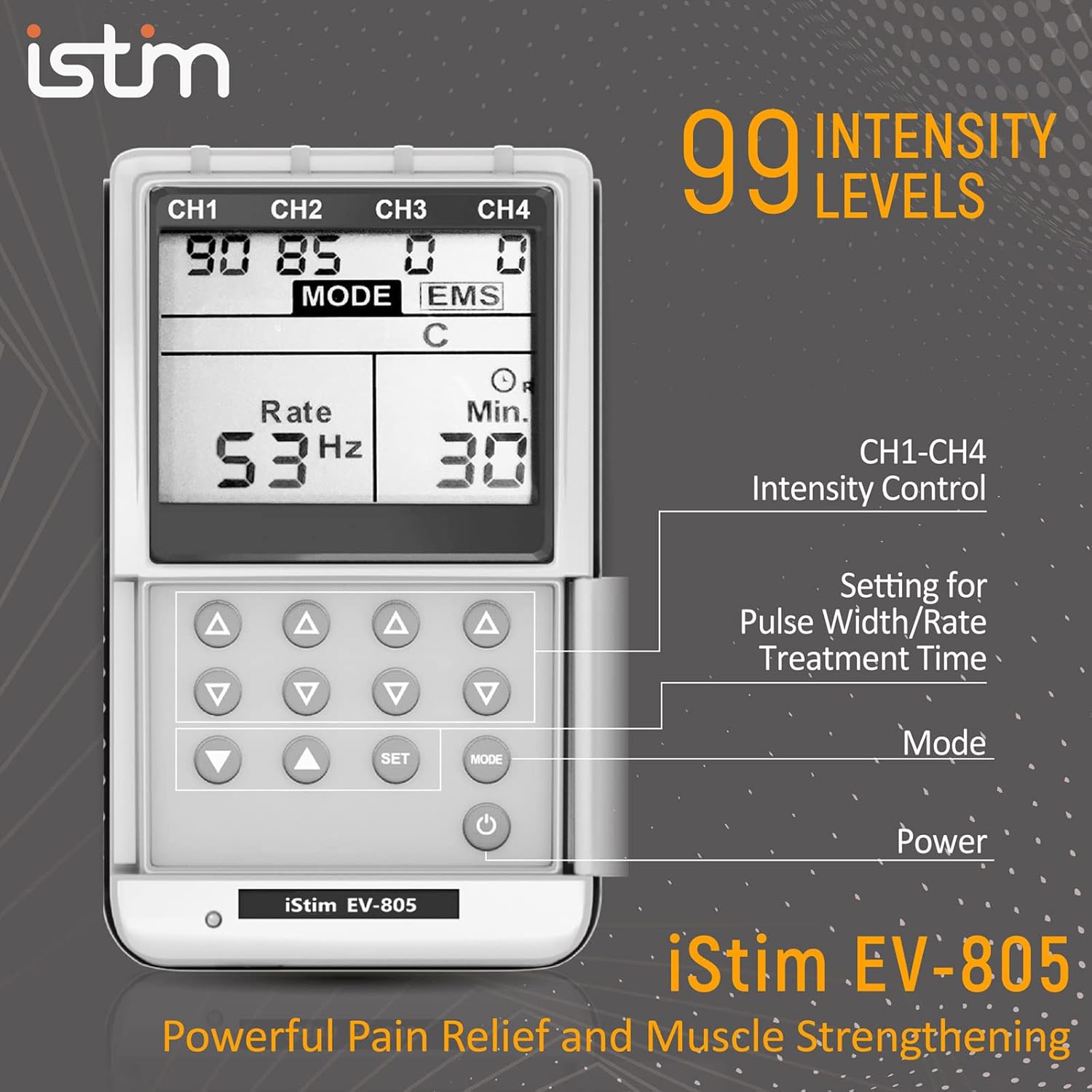 iSTIM EV-805 TENS EMS 4 Channel Rechargeable Combo Machine Unit - Muscle Stimulator + Back Pain Relief and Management- 24 Programs/Backlit (Including Electrodes Pads) - Image 3