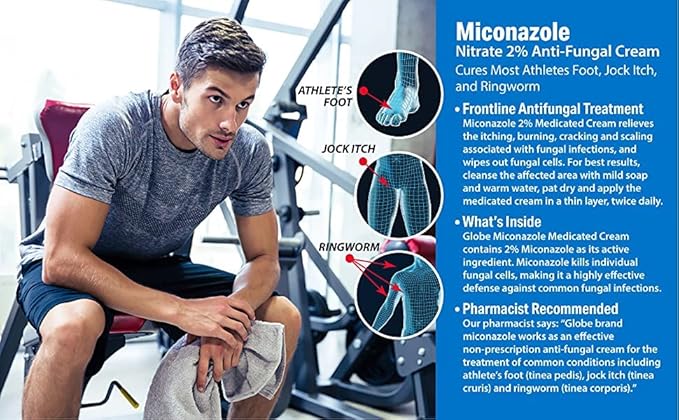 Globe Miconazole Nitrate 2% Antifungal Cream, Cures Most Athletes Foot, Jock Itch, Ringworm. 1 OZ Tube - Image 4