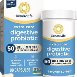 Renew Life Extra Care Digestive Probiotic Capsules, 50 Billion CFU Guaranteed, Daily Supplement Supports Immune, Digestive, Respiratory Health(1), L. Rhamnosus GG, Dairy, Soy and Gluten-Free, 90 Count