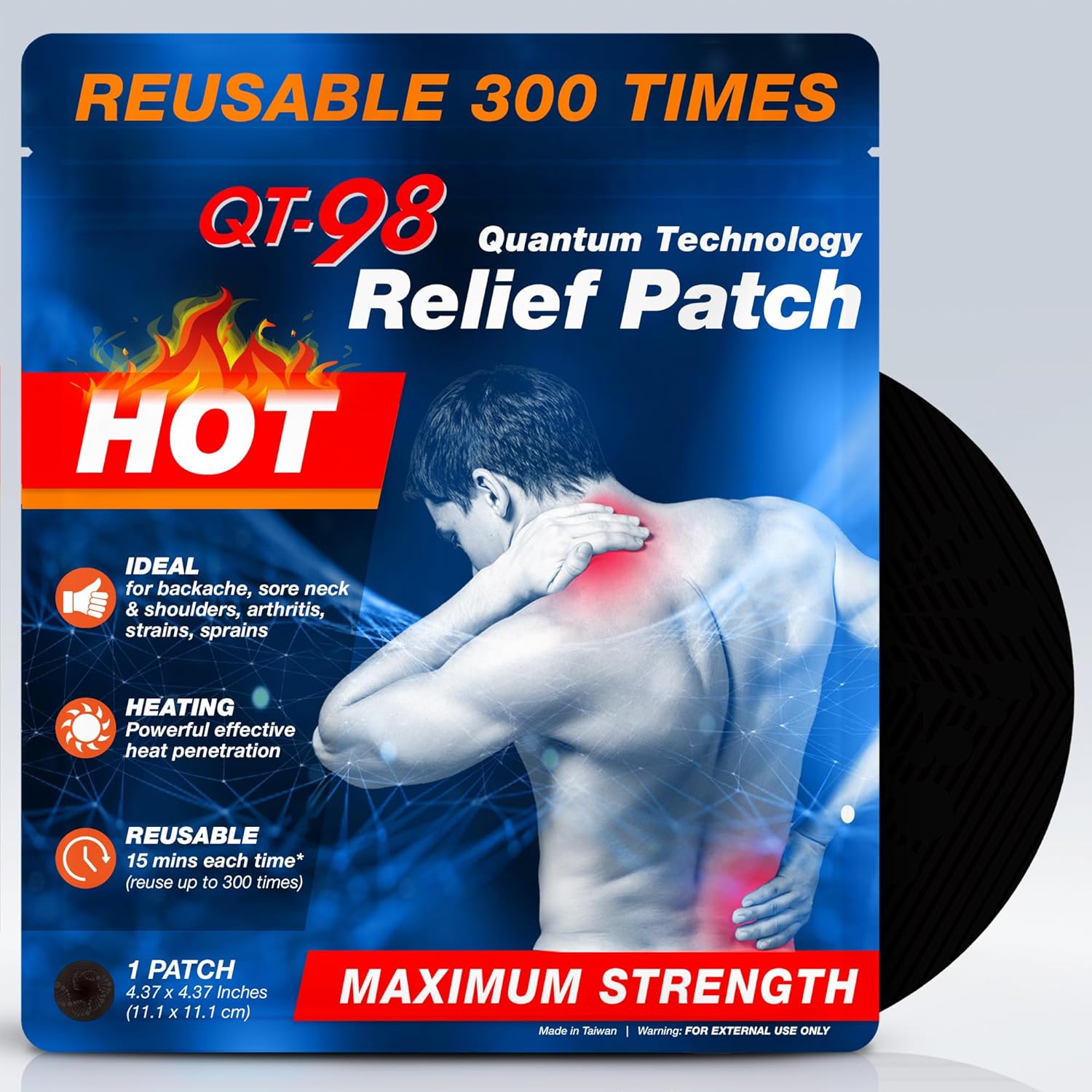 1 Patch Equals 300 Patches Auto Heat-up Reusable for Up to 300 Times Non Sticky Hot and Heat Targeted Area Long-Lasting Patch for Nerve, Joint, Back, Neck, Shoulder, and Muscle Discomfort