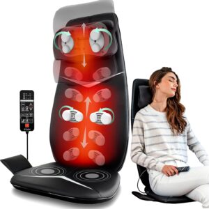 Zyllion Neck and Back Massager with Heat Therapy - 3D Shiatsu Kneading Deep Tissue Massage Chair Seat Cushion Pad with Adjustable Motorized Neck Section