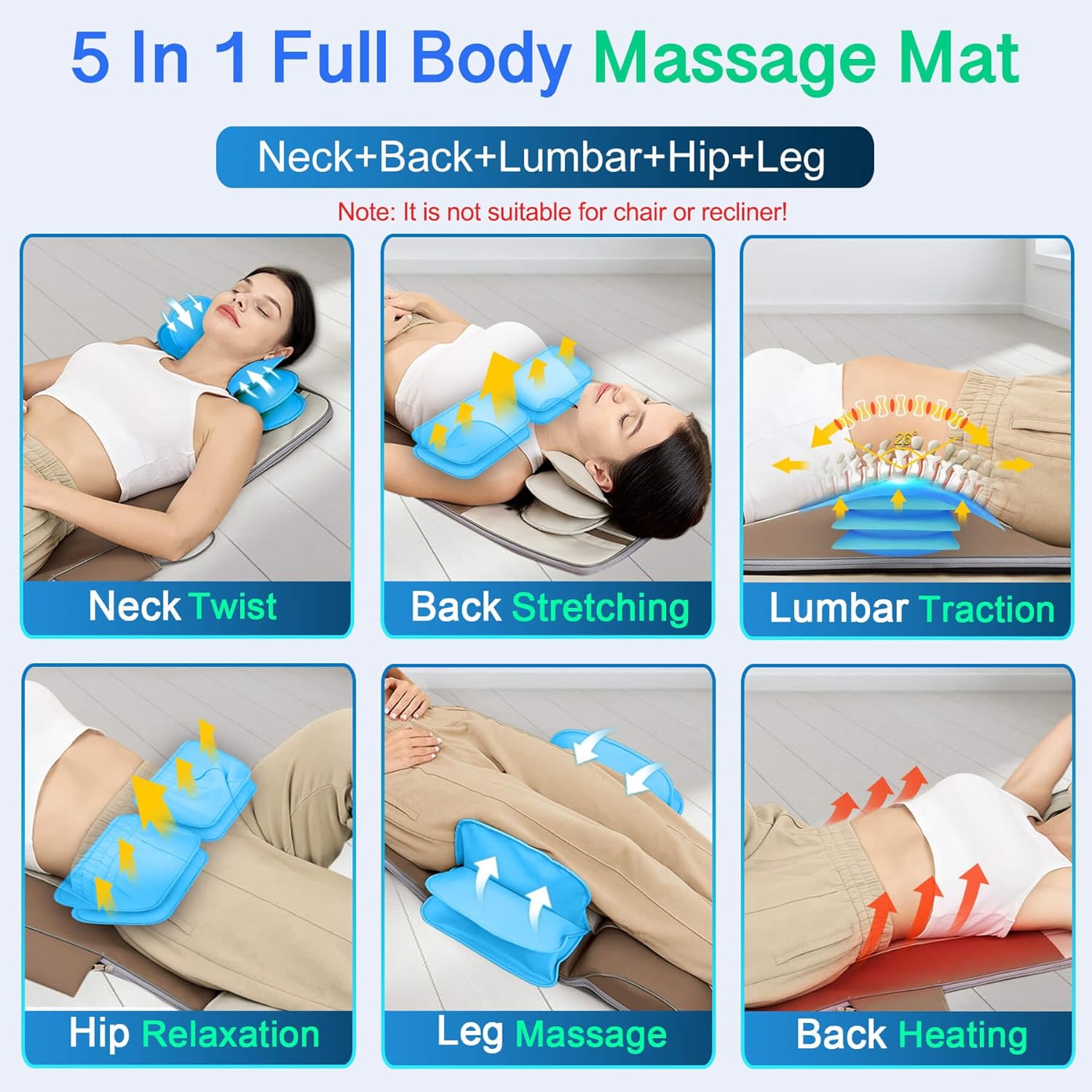 Full Body Massage Mat with Airbags Stretching & Heating, 3D Lumbar Traction & Relaxation, Back Massager Pad, 4 Modes 3 Intensities 3 Heat Levels, PU Leather, Portable & Foldable Design - Image 5
