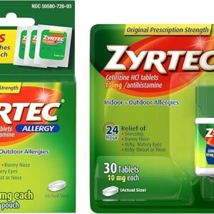Zyrtec 24 Hour Allergy Relief Tablets, Antihistamine Allery Medicine with 10 mg Cetirizine HCI, Bundle with 1 x 30 ct and 1 x 3 ct Travel Pack