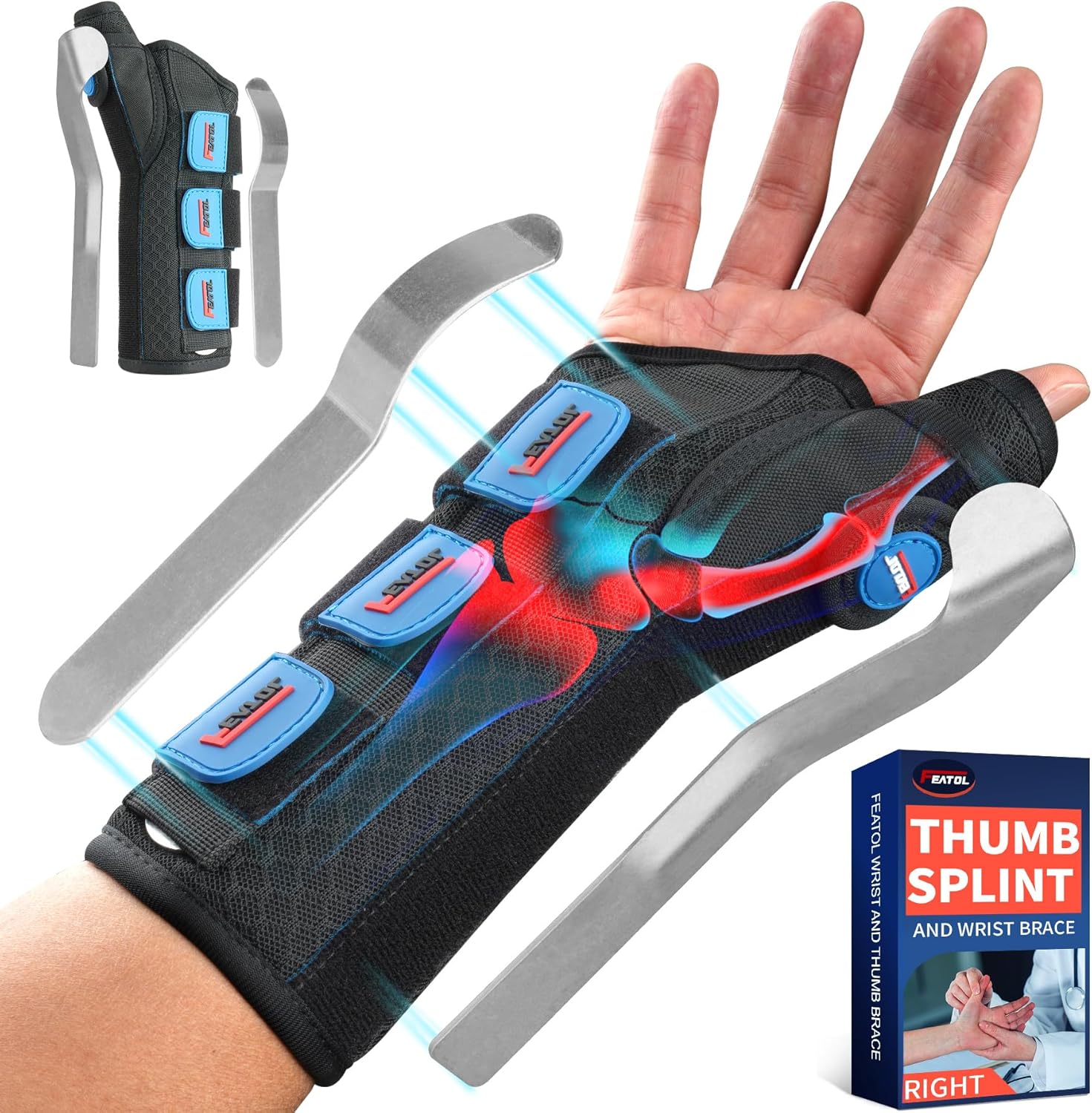FEATOL Wrist Brace With Thumb Support for Dequervains Tendonitis-Thumb Brace for Carpal Tunnel, Tendonitis, Arthritis Pain Relief-Thumb Spica Splint for Night-Right Hand Small/Medium-for Men and Women