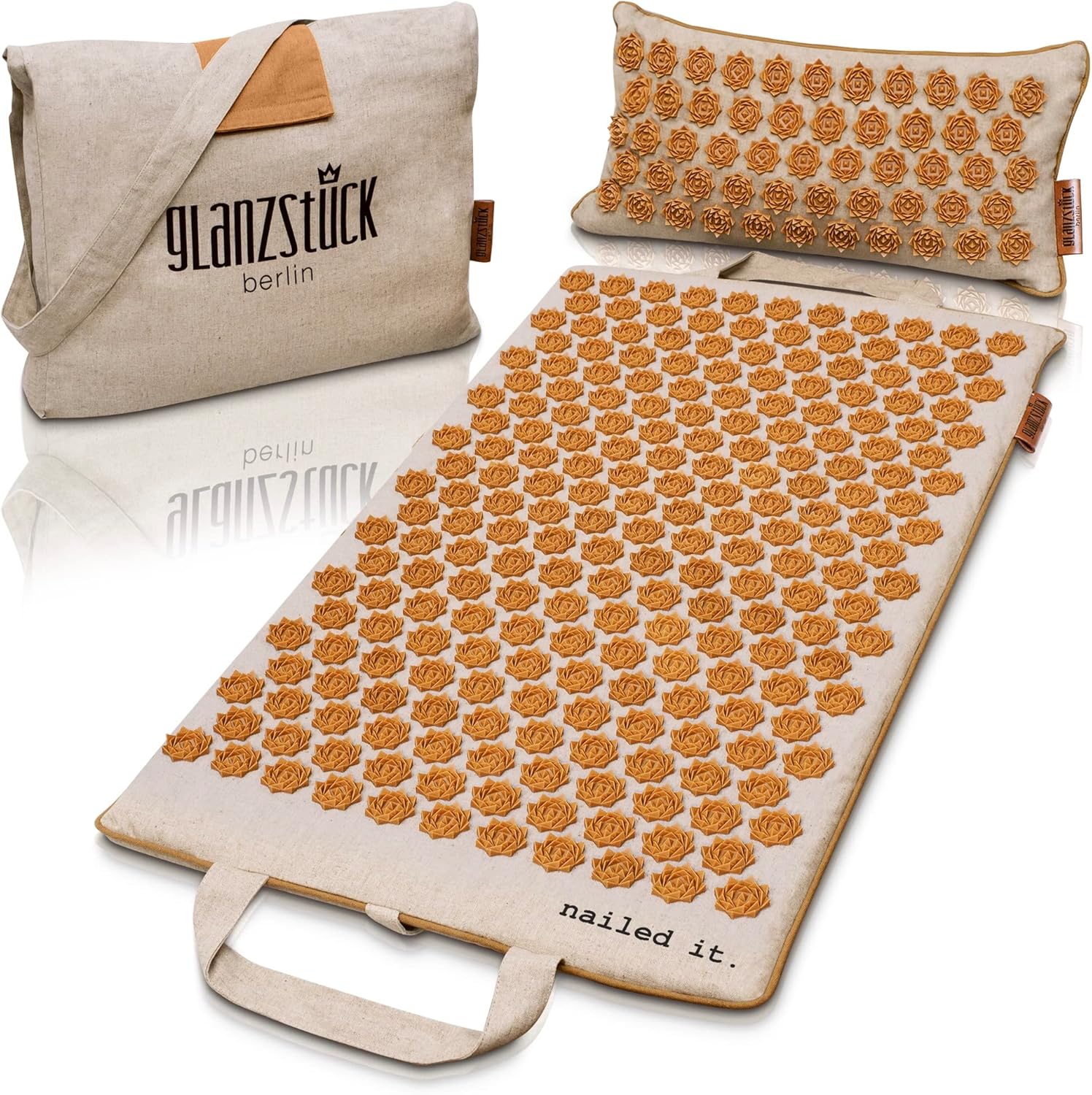 Glanzstuck Berlin Acupressure Mat Set Premium, Beginner Suitable, Made of Linen, Neck and Back Pain Relief, with Pillow (Heat Function) & Bag, Sustainable