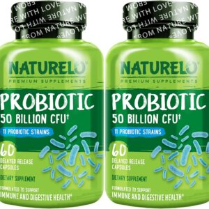 NATURELO Probiotics for Digestive Health - 50 Billion CFU, 11 Strains, Daily Use Supplement - Boosts Immune System, Delayed Release, No-Fridge, 60 Vegetarian Capsules (2 Pack)