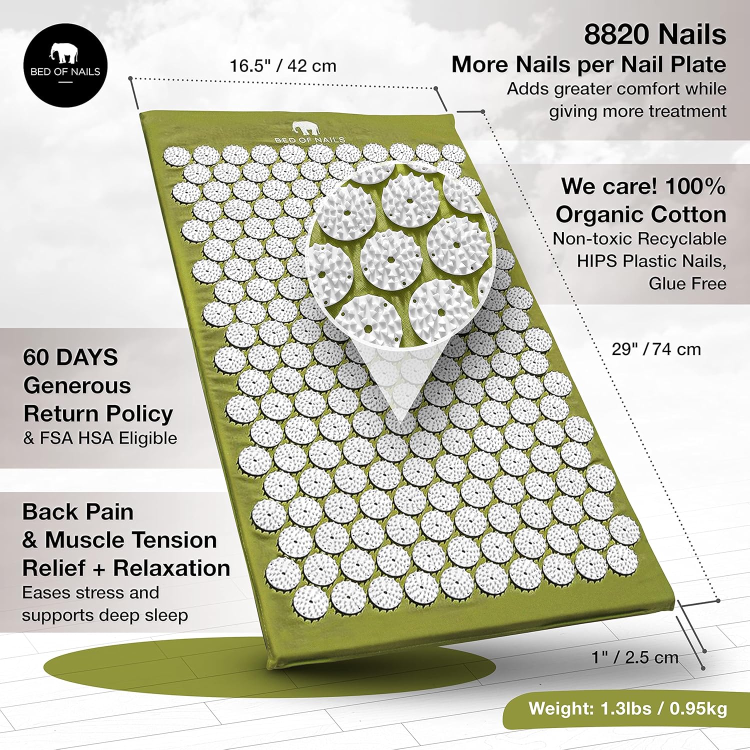 BED OF NAILS The Original Premium Acupressure Mat, 8,820 Acupuncture Pressure Points for Back Pain Relief, Increased Energy, Relaxation, FSA/HSA Eligible, with Drawstring Bag