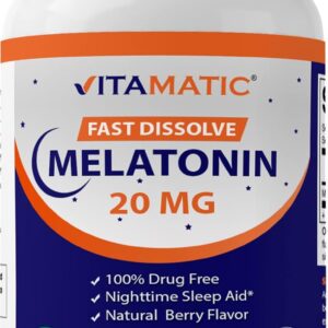 Vitamatic Melatonin 20mg Tablets | Vegetarian, Non-GMO, Gluten Free | HIGH Potency 20 MG | Natural Berry Flavor (1/2 Tablets = Melatonin 10mg) (120 Count (Pack of 6))