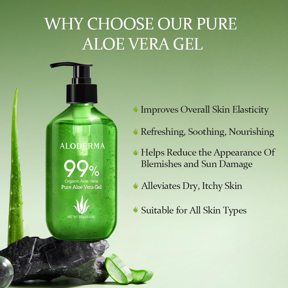 Aloderma 99% Organic Aloe Vera Gel Made within 12 Hours of Harvest - Pump Bottle - Lightweight Aloe Gel for Face and Body, Soothing and Hydrating Sunburn Relief, Great for Scalp & Hair, 3btls x 10.6oz - Image 3
