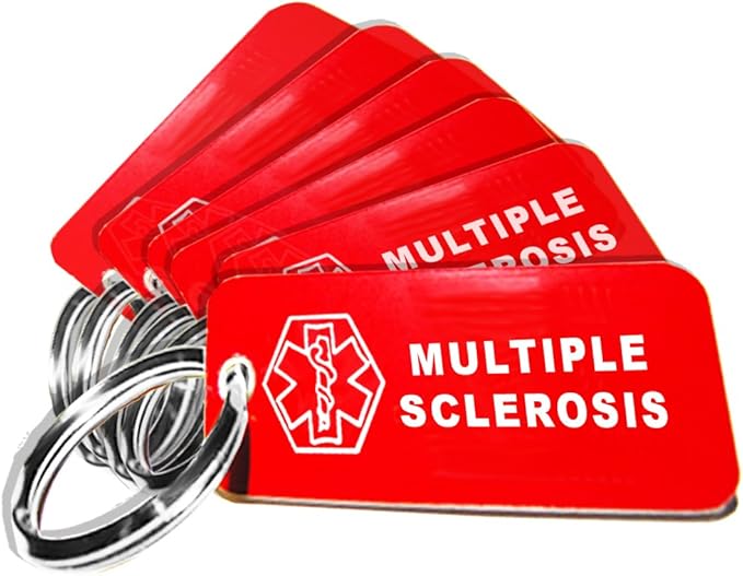 6 Pre-Engraved Multiple Sclerosis Plastic Medical Alert ID Keychains, Small 2.25 x .79 Inch