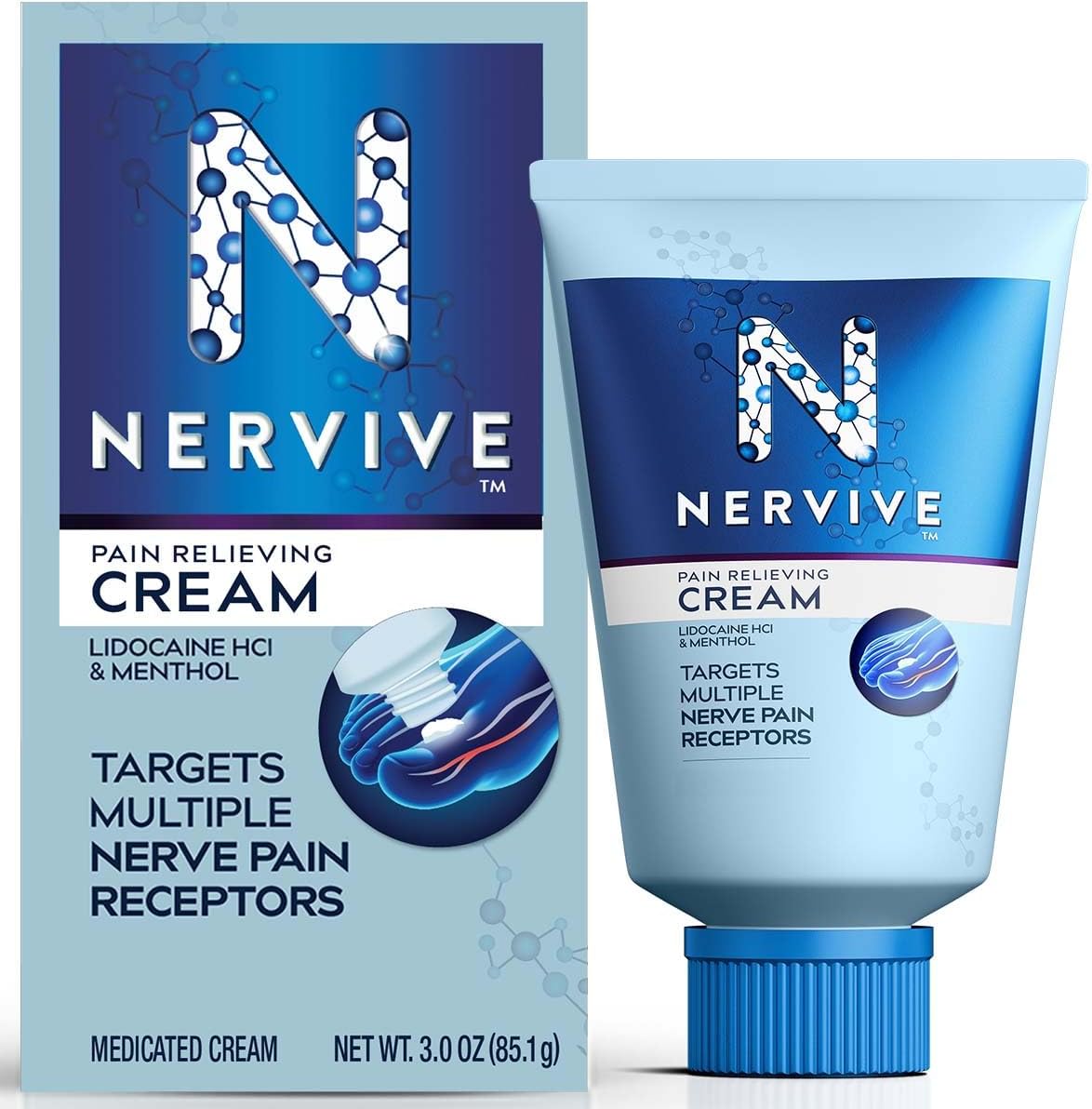 Nervive Nerve Care, Pain Relieving Cream, Max Strength Non-Greasy Topical Pain Reliever with Lidocaine and Menthol for Toes, Feet, Fingers, Hands, Legs & Arms, 3.0oz
