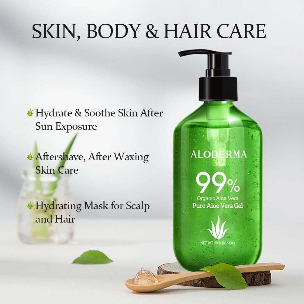 Aloderma 99% Organic Aloe Vera Gel Made within 12 Hours of Harvest - Pump Bottle - Lightweight Aloe Gel for Face and Body, Soothing and Hydrating Sunburn Relief, Great for Scalp & Hair, 3btls x 10.6oz