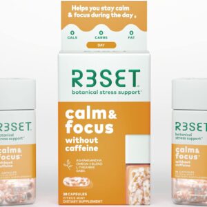 R3SET Calm Daytime Stress Relief & Focus Daily Supplement, Relaxation Support – with Ashwagandha, L-Theanine, Valerian Root, 5-HTP, GABA, Vitamin D3, 28 Botanical Capsules